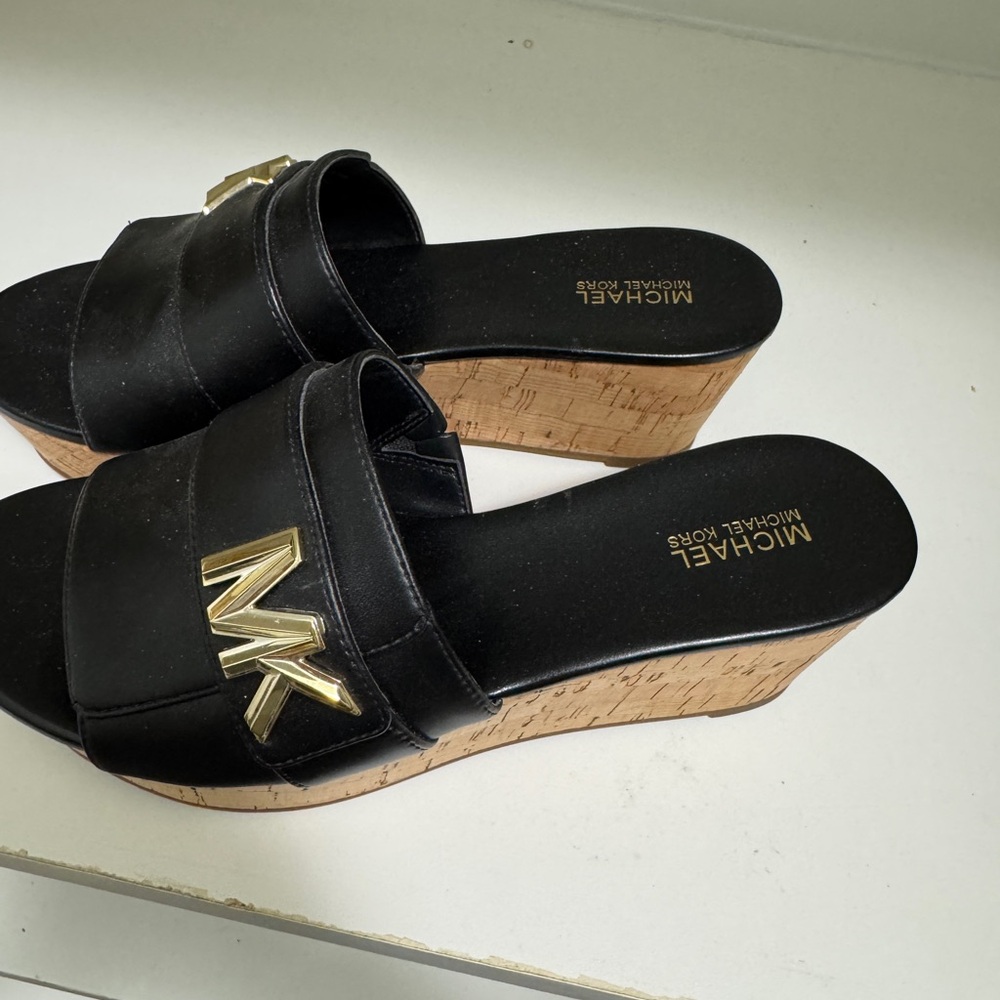 Michael Kors Black and Gold Wedge Sandals